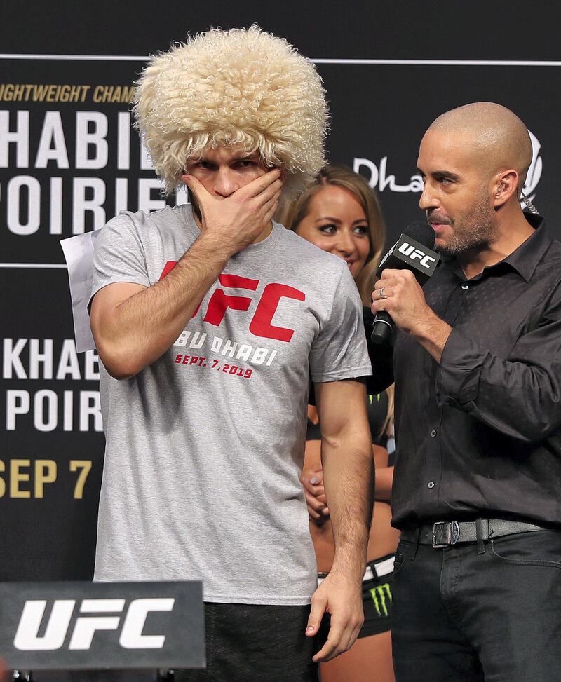 Abu Dhabi, United Arab Emirates - September 06, 2019: Khabib Nurmagomedov is interviewed the day before his fight with Justin Poirier at UFC 242. Friday the 6th of September 2019. Yes Island, Abu Dhabi. Chris Whiteoak / The National