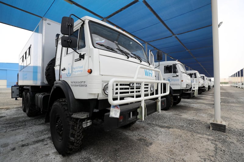 Dubai, United Arab Emirates - May 21, 2019: Hand-over ceremony of the Kamaz trucks to WFP by the Russian Federation. Tuesday the 21st of May 2019. Dubai. Chris Whiteoak / The National