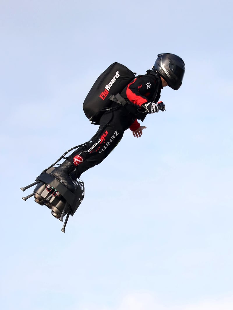 French inventor Franky Zapata takes off on a hoverboard for a second attempt to cross the English Channel. Reuters
