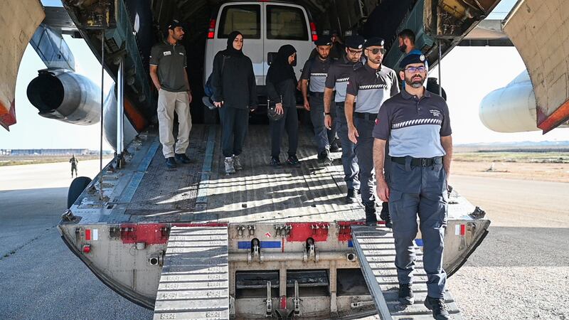 The 26-member team from the UAE's disaster victim identification unit arrives in Derna, the first team of its kind to arrive. Photo: Abu Dhabi Police