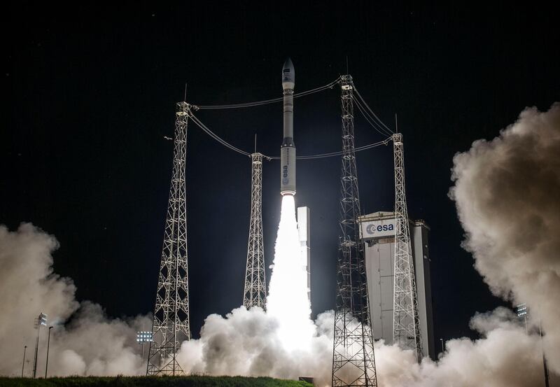 A handout picture taken on June 22, 2015 and released the day after by the European Space Agency (ESA) shows a European Vega rocket blasting off in Kourou, carrying the Sentinel-2A satellite for Europe’s Copernicus Earth observation program.  AFP PHOTO P BAUDON/ ESA / CNES / ARIANE ESPACE 
-- RESTRICTED TO EDITORIAL USE- MANDATORY CREDIT "AFP PHOTO /ESA / CNES / ARIANE ESPACE/JM GUILLON" - NO MARKETING - NO ADVERTISING CAMPAIGNS-DISTRIBUTED AS A SERVICE TO CLIENTS -- / AFP PHOTO / ESA CNES ARIANESPACE / S. MARTIN