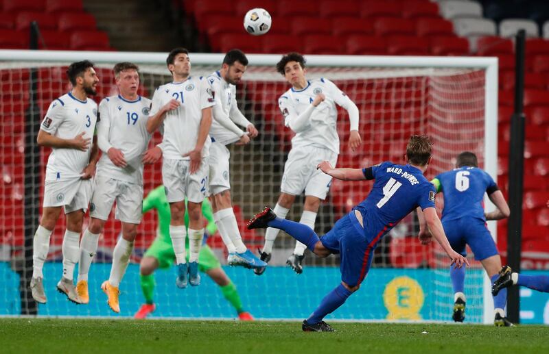 England's James Ward-Prowse goes for goal from a free-kick. AP