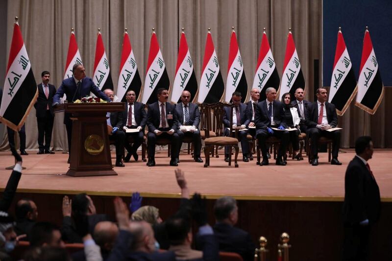 Mustafa al-Kadhimi delivers a speech during the vote on the new government at the parliament headquarters in Baghdad, Iraq. Reuters