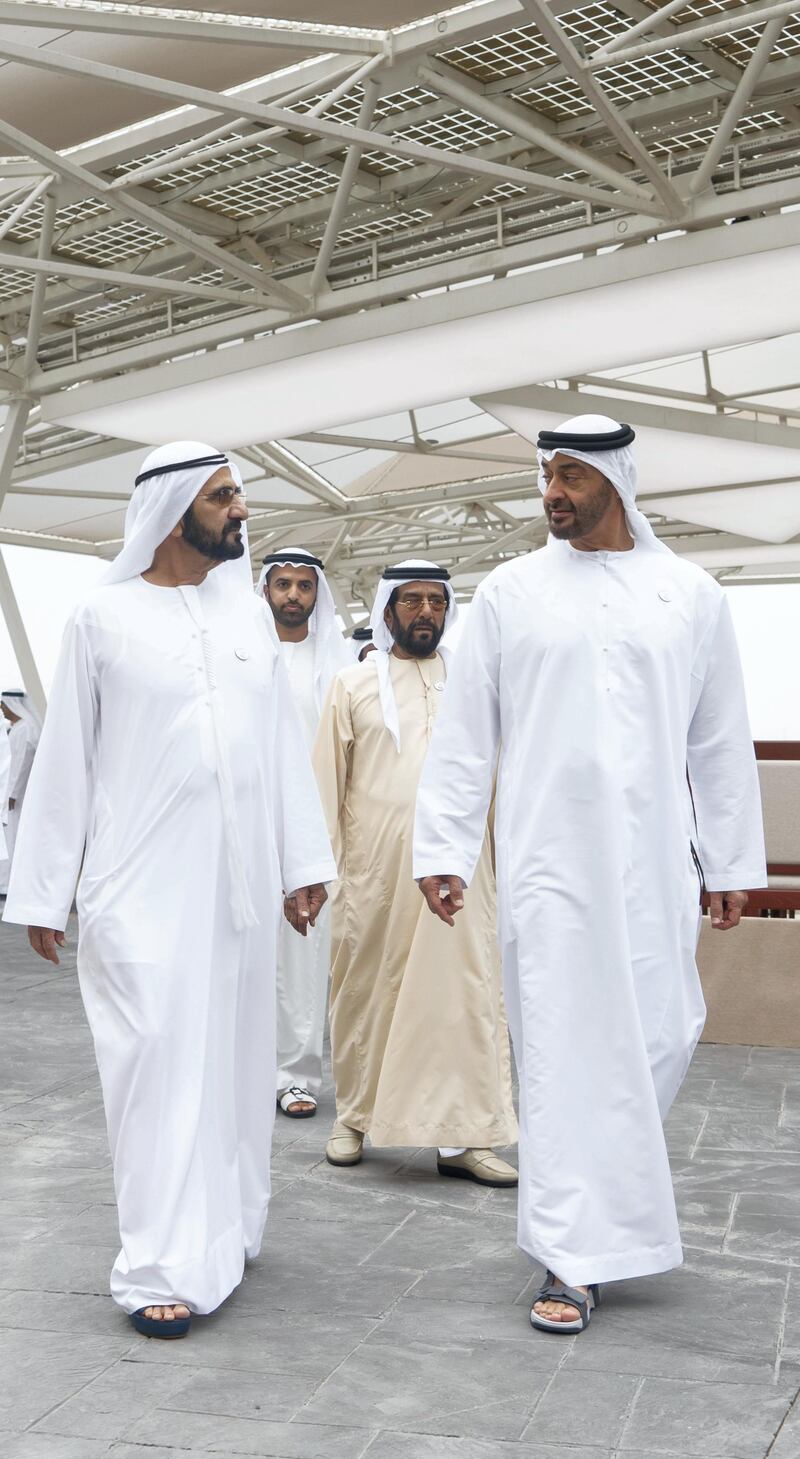 ABU DHABI, UNITED ARAB EMIRATES - April 22, 2019: HH Sheikh Mohamed bin Zayed Al Nahyan, Crown Prince of Abu Dhabi and Deputy Supreme Commander of the UAE Armed Forces (R) speaks with HH Sheikh Mohamed bin Rashid Al Maktoum, Vice-President, Prime Minister of the UAE, Ruler of Dubai and Minister of Defence (L), during a Sea Palace barza. Seen with HH Sheikh Tahnoon bin Mohamed Al Nahyan, Ruler's Representative in Al Ain Region (back R) and HH Sheikh Mohamed bin Saud bin Saqr Al Qasimi, Crown Prince and Deputy Ruler of Ras Al Khaimah (back L).

( Rashed Al Mansoori / Ministry of Presidential Affairs )
---