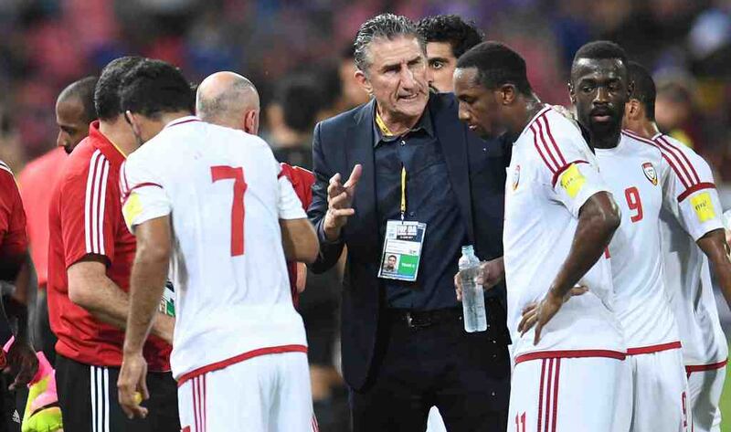 Edgardo Bauza, centre, conceded qualification for the 2018 World Cup is practically beyond the UAE now following a 1-1 draw in Bangkok to Thailand on Tuesday, June 13, 2017. Courtesy UAE FA