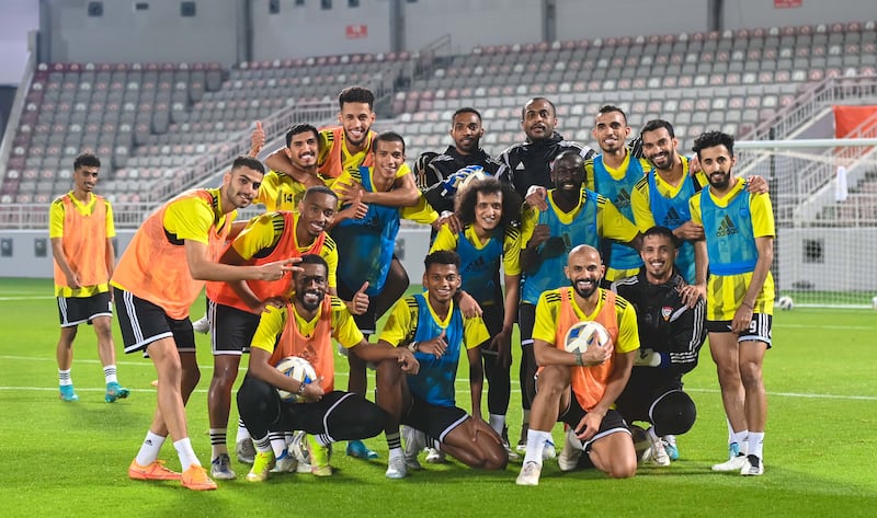 The UAE football team conclude training at the Abdullah bin Khalifa Stadium in Doha ahead of their 2022 World Cup play-off against Australia on Tuesday. Photo: UAE FA