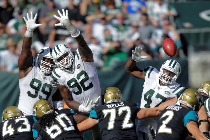 New York Jets try to block a Jacksonville Jaguars field goal. Eduardo Munoz/ Reuters