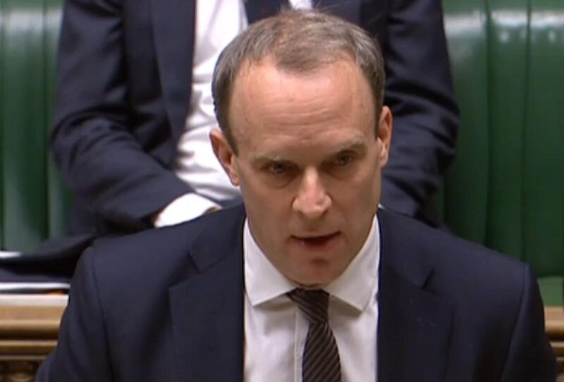 A video grab from footage broadcast by the UK Parliament's Parliamentary Recording Unit (PRU) shows Britain's Foreign Secretary and First Secretary of State Dominic Raab responding to an urgent question regarding the situation in Iran in the House of Commons in London on January 13, 2020. Britain summoned the Iranian ambassador on Monday to protest the detention of London's envoy to Tehran at the weekend, the government said. London wanted to convey its "strong objections" about the "unacceptable breach" of diplomatic protocol, Prime Minister Boris Johnson's spokesman said.
 - RESTRICTED TO EDITORIAL USE - NO USE FOR ENTERTAINMENT, SATIRICAL, ADVERTISING PURPOSES - MANDATORY CREDIT " AFP PHOTO / PRU "
 / AFP / PRU / HO / RESTRICTED TO EDITORIAL USE - NO USE FOR ENTERTAINMENT, SATIRICAL, ADVERTISING PURPOSES - MANDATORY CREDIT " AFP PHOTO / PRU "
