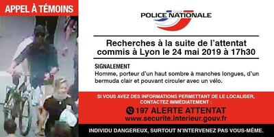 epa07598569 A handout photo made available by French National Police on Twitter on 24 May 2019 shows a Wanted Notice for a man who is a suspect in the bomb explosion in rue Victor Hugo in the center of Lyon, France, 24 May 2019. The suspect is reported to be at large and the motive for the attack is still unclear. The blast has wounded at least eight people, according to authorities. French president Emmanuel Macron has called it an 'attack'.  EPA/POLICE NATIONAL / HANDOUT BEST QUALITY AVAILABLE HANDOUT EDITORIAL USE ONLY/NO SALES/NO ARCHIVES