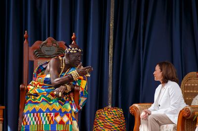 Ms Harris meets with traditional leaders at Cape Coast Castle in Ghana on Tuesday, March 28. AP