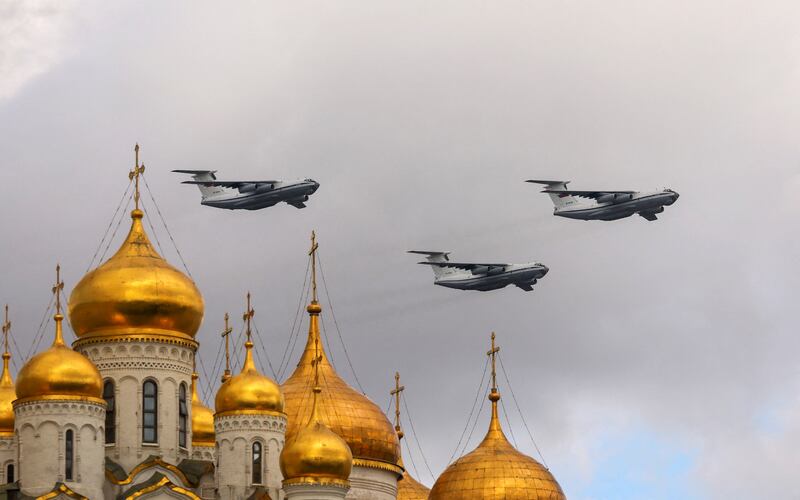 Russian Ilyushin IL-76MD military transport planes fly over Red Square during a rehearsal for a flypast as part of the victory parade. AFP