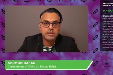 Shumon Basar, commissioner of the Global Art Forum, takes part in the online streaming 