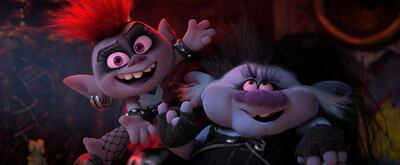 This image released by DreamWorks Animation shows characters Barb, voiced by Rachel Bloom and King Thrash, voiced by Ozzy Osbourne in a scene from "Trolls World Tour." (DreamWorks Animation via AP)