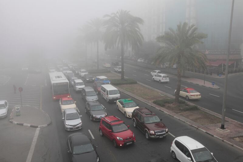 Dubai, United Arab Emirates - January 22, 2013.  Heavy fog causes heavy traffic along Zaabeel road heading towards Sheikh Zayed Road.  ( Jeffrey E Biteng / The National )