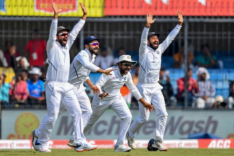 India's Ajinkya Rahane, Virat Kohli, Rohit Sharma and Cheteshwar Pujara appeal for the wicket of Bangladesh batsman Mushfiqur Rahim. AFP