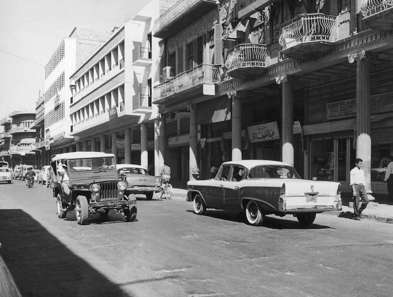 Modern buildings and new cars on a street in Baghdad, October 30, 1957, less than a year before the 14 July Revolution and the overthrow of the monarchy. Keystone / Hulton Archive / Getty