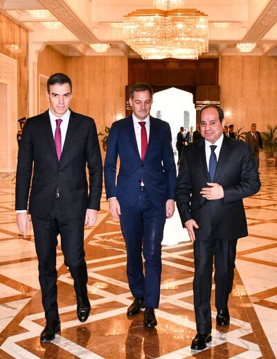 Egyptian President Abdel Fattah El Sisi, right, meets Spanish Prime Minister Pedro Sanchez, left, and Belgium Prime Minister Alexander De Croo in Cairo. AFP