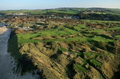 PORTRUSH, NORTHERN IRELAND - OCTOBER 10:  An aerial photograph from out to sea of the par 3, sixth hole Harry Colts' in the foreground and the par 4, fifth hole 'White Rocks' behind on the Dunluce Links at Royal Portrush Golf Club the host venue for the 2019 Open Championship on October 10, 2018 in Portrush, Northern Ireland.  (Photo by David Cannon/Getty Images)