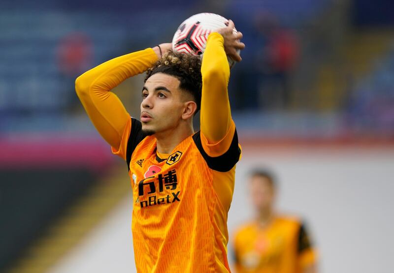 LEICESTER, ENGLAND - NOVEMBER 08: Rayan Ait-Nouri of Wolverhampton Wanderers takes a throw in during the Premier League match between Leicester City and Wolverhampton Wanderers at The King Power Stadium on November 08, 2020 in Leicester, England. Sporting stadiums around the UK remain under strict restrictions due to the Coronavirus Pandemic as Government social distancing laws prohibit fans inside venues resulting in games being played behind closed doors. (Photo by Tim Keeton - Pool/Getty Images)