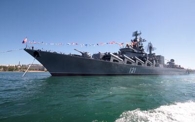 Russian missile cruiser Moskva moored in the Ukrainian Black Sea port of Sevastopol in 2013. It was sunk by Ukrainian forces in April, 2022 Reuters