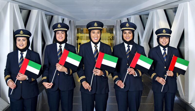 Emirates’ first officers Hanan Mohamed, Bakhita AlMheiri, Ayesha Yousuf, Nouf Omar and Maryam bin Ismail. Courtesy Emirates Airline