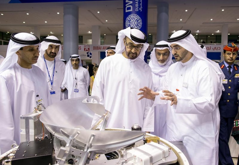 Sheikh Mohammed visits the Yahsat display while touring the Dubai Airshow on the opening day. Ryan Carter / Crown Prince Court — Abu Dhabi