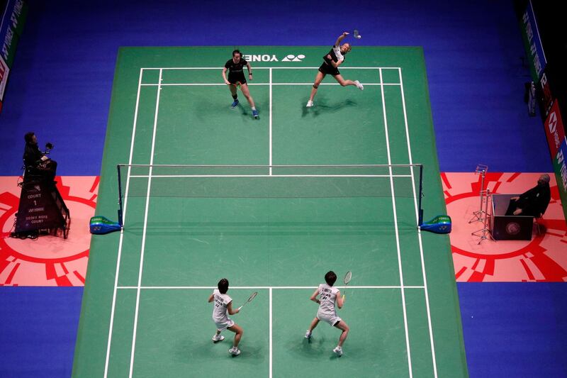Netherlands Selena Piek, top right, and Netherlands Cheryl Seinen during the woman's doubles semi-final against Japan's Yuki Fukushima, bottom right, and Japan's Sayaka Hirota at the All England Open Badminton Championship at the Utilita Arena in Birmingham, on Sarturday, March 20. AFP