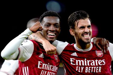 Arsenal's Eddie Nketiah (left) celebrates scoring the winner against West Ham with teammate Dani Ceballos. PA