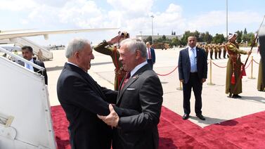 Iraqi President Abdul Latif Rashid welcomed by Jordanian King Abdullah in Amman, Jordan, April 15, 2024. Reuters