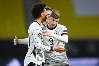 Soccer Football - UEFA Nations League - League A - Group 4 - Germany v Ukraine - Red Bull Arena, Leipzig, Germany - November 14, 2020 Germany's Leroy Sane celebrates scoring their first goal with Timo Werner REUTERS/Annegret Hilse