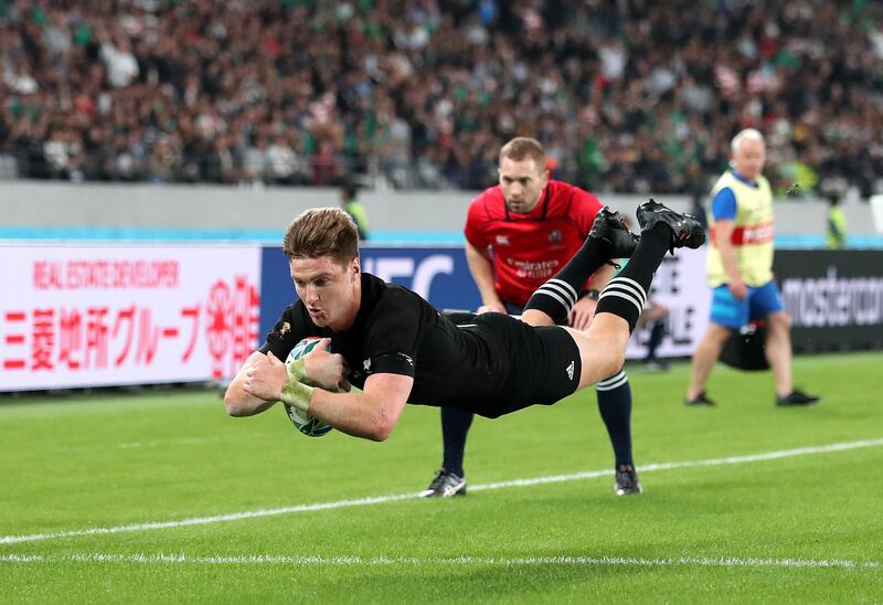 Jordie Barrett of New Zealand scores his team's seventh try during the Rugby World Cup 2019 Quarter Final match between New Zealand and Ireland at the Tokyo Stadium in Chofu, Tokyo, Japan. Getty Images