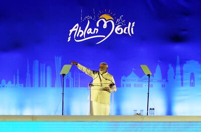 Narendra Modi delivered his speech to 40,000 Indian citizens in Abu Dhabi on Tuesday. Pawan Singh / The National 