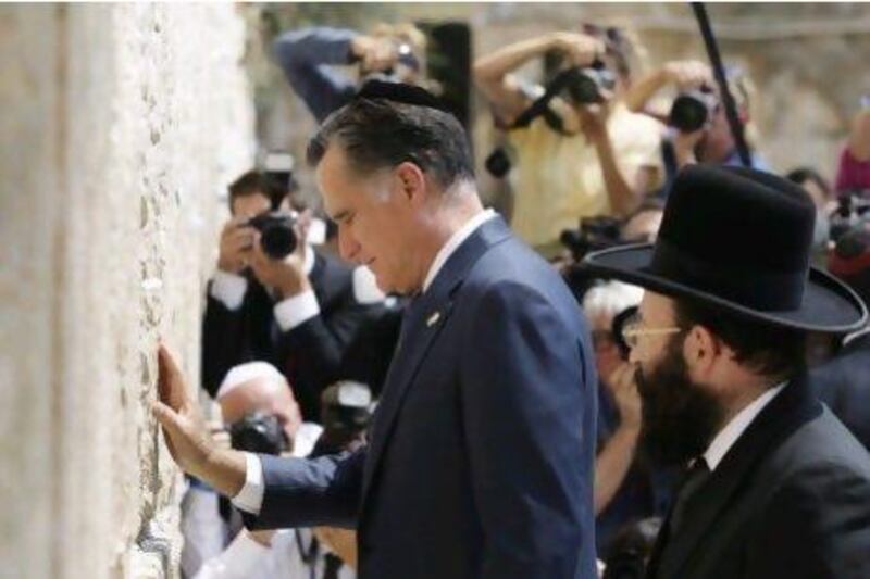 Republican presidential candidate and former Massachusetts governor Mitt Romney pauses next to the Western Wall, in Jerusalem. There appears to be little political blowback in America from demeaning Palestinians.