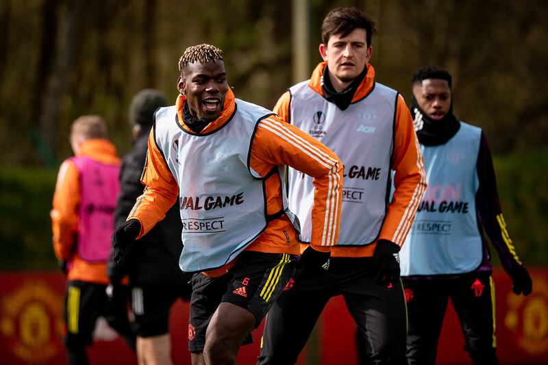 MANCHESTER, ENGLAND - APRIL 07:  Paul Pogba of Manchester United reacts during a first team training session at Aon Training Complex on April 7, 2021 in Manchester, England. (Photo by Ash Donelon/Manchester United via Getty Images)