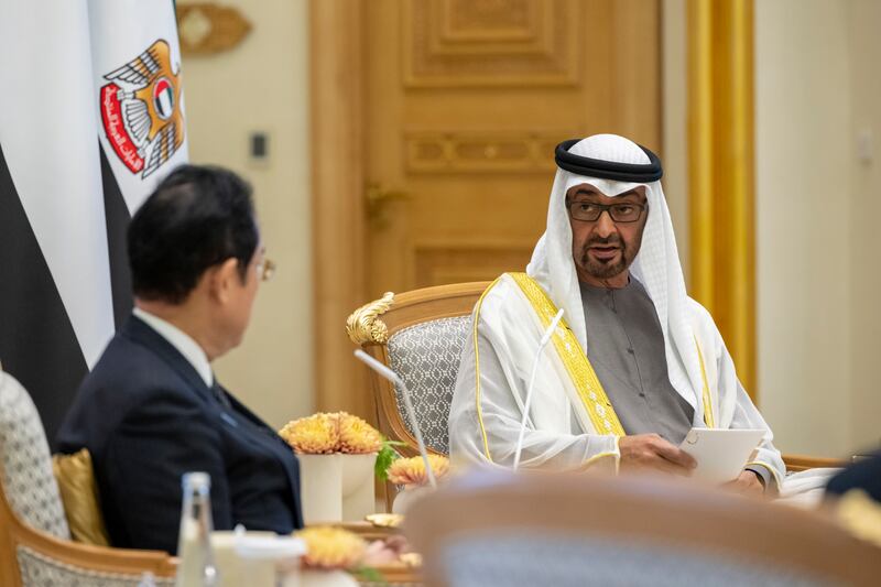 Mr Kishida is in the UAE on an official visit and is accompanied by a delegation of senior government officials. Mohamed Al Hammadi / Presidential Court 
