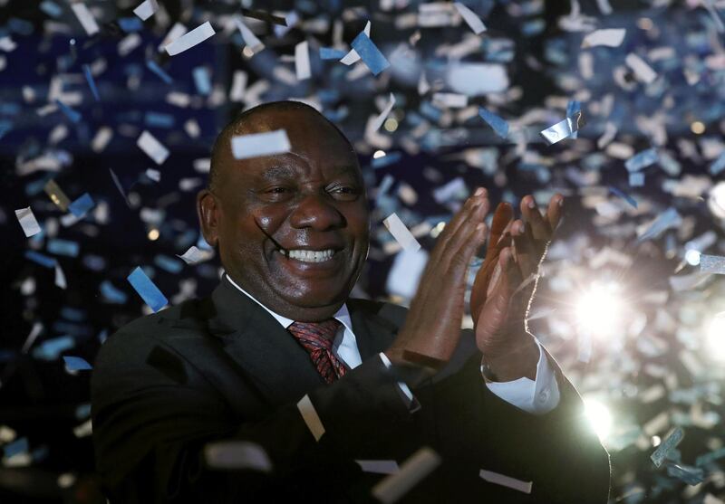 South African President Cyril Ramaphosa celebrates victory for his African National Congress (ANC) party at the announcement of results of the country's parliamentary and provincial elections in Pretoria, South Africa, May 11, 2019. REUTERS/Mike Hutchings     TPX IMAGES OF THE DAY