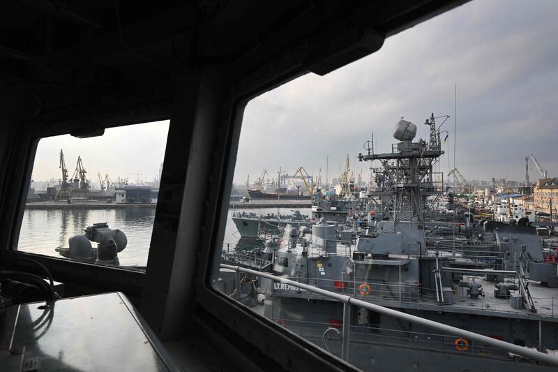 Military vessels docked at the military harbour of Constanta, Romania, on March 4. Daniel Mihailescu / AFP