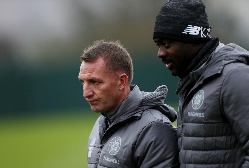 Soccer Football - Europa League - Celtic Training - Lennoxtown Training Centre, Glasgow, Britain. Celtic manager Brendan Rodgers and coach Kolo Toure during training Action. Reuters