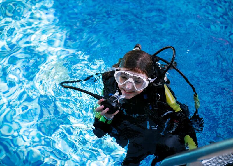 DUBAI, UNITED ARAB EMIRATES. DECEMBER 2020. Ellie May, a nine year old who lives in Dubai, is aiming to be the world's youngest certified scuba diver. She makes the attempt on the 31st, when she takes the exam in Dubai. (Photo: Reem Mohammed/The National)Reporter:Section:
