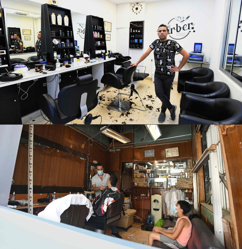 Top: Lebanese hairdresser Kamal Khaddaj inside his shop in Beirut's Gemayzeh neighbourhood, two years after the Beirut port explosion. Below: Mr Khaddaj at his destroyed shop after the explosion.