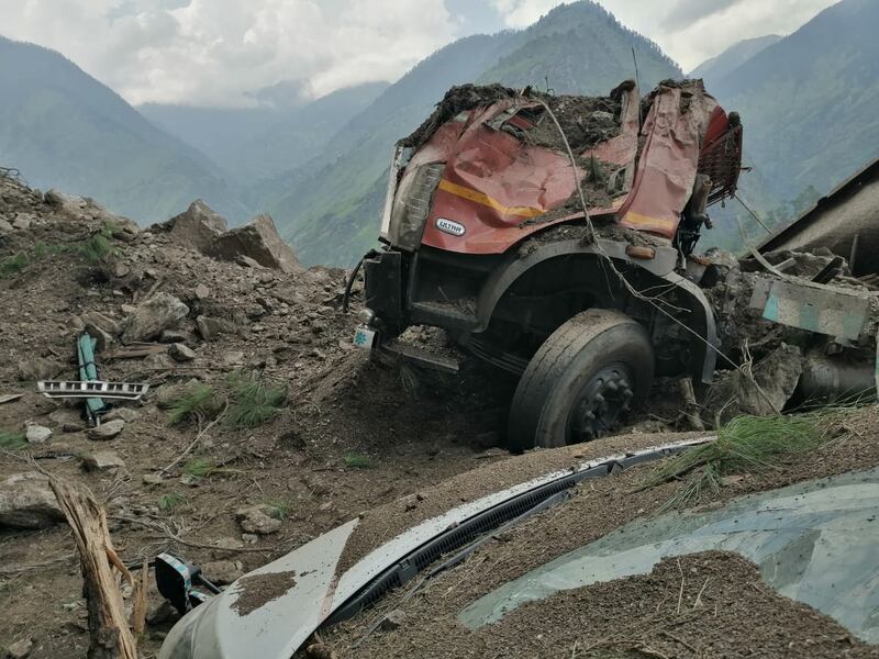 Wreckage caused by the landslide on the Reckong Peo-Shimla Highway.