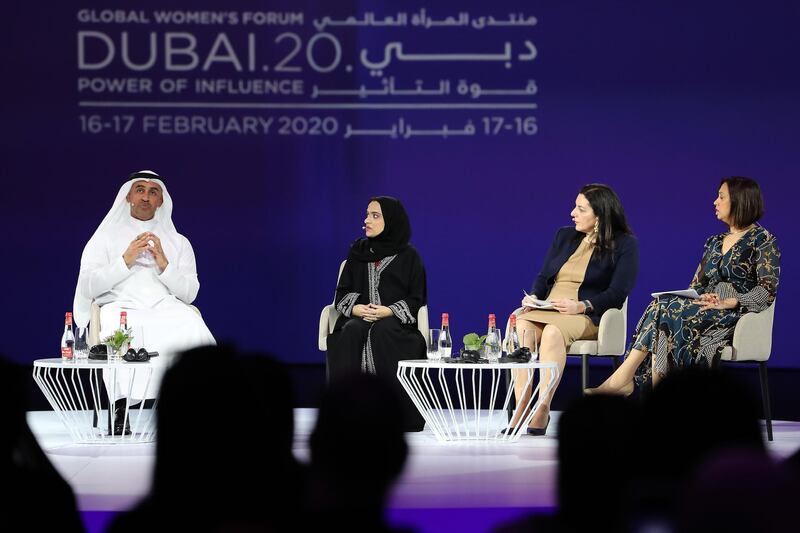 DUBAI, UNITED ARAB EMIRATES , Feb 17  – 2020 :- Left to Right - ABDULLA NASSER LOOTAH, Director General of Federal Competitiveness and Statistics Authority, SHAMSA SALEH
Secretary General, UAE Gender Balance Council, TALINE KORANCHELIAN , Deputy Director, Middle East and Central Asia Department, IMF and ZOHRA KHAN, Global Policy Advisor, Governance & National Planning, UN Women during the session on ‘ACHIEVING 2030’S SDGS: WOMEN’S ENGAGEMENT’ at the Global Women’s Forum Dubai held at Madinat Jumeirah in Dubai. (Pawan  Singh / The National) For News. Story by Patrick
