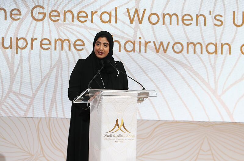 Sheikha Shamma bint Sultan addresses the Global Summit of Women in Abu Dhabi. Pawan Singh / The National