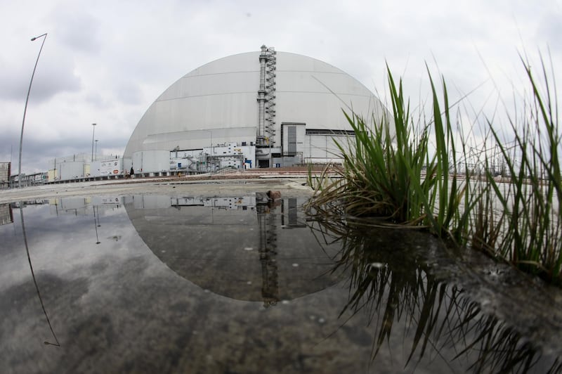 The New Safe Confinement structure covering the remains of number four reactor unit at Chernobyl nuclear power plant, in Chernobyl, Ukraine. The country will mark the 35th anniversary of Chernobyl tragedy on April 26, 2021.  EPA