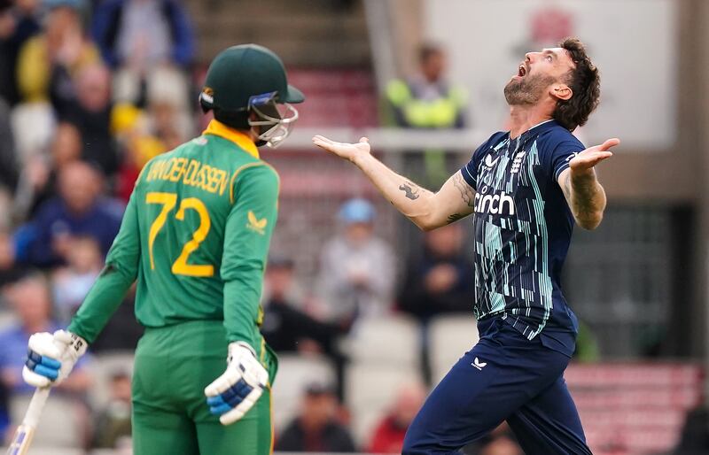 England's Reece Topley celebrates the wicket of Rassie van der Dussen during the second ODI against South Africa at Old Trafford, Manchester, on Friday. PA