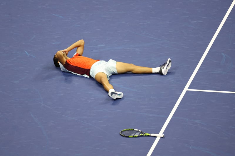 Spain's Carlos Alcaraz celebrates after winning the men's final against Norway's Casper Ruud. Reuters