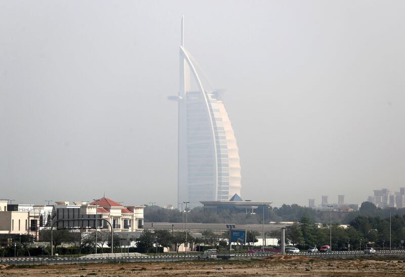 Dubai, United Arab Emirates - Reporter: N/A: Weather. The Burj Al Arab on a hazy foggy day in Dubai. Thursday, April 2nd, 2020. Dubai. Chris Whiteoak / The National