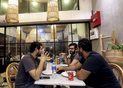 Dubai, June, 03, 2018: Samir Al Abdulla, Saeed Arjumand and Ahmed Al Zarooni at a restaurant  in Dubai. Satish Kumar for the National / Story by Nawal
