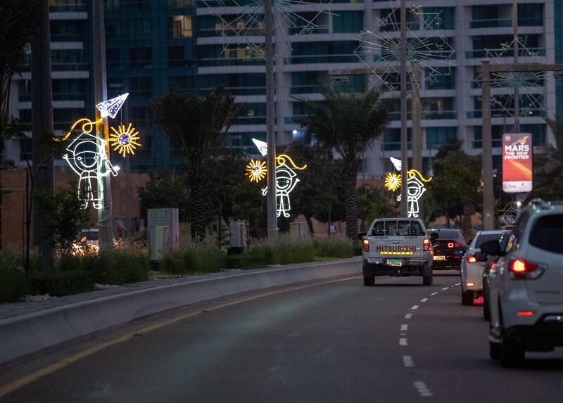 Emirates, March 14, 2021.  Emirati Children's Day lights on Corniche Road.
Victor Besa/The National
Section:  NA