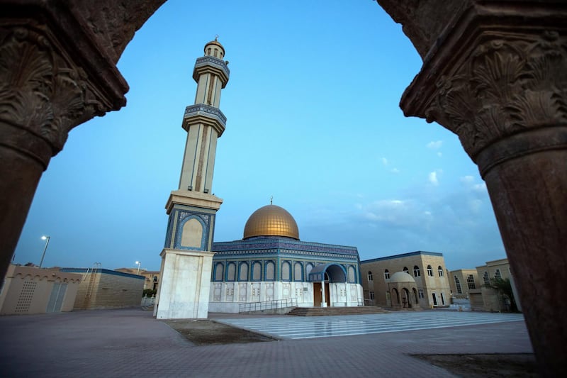 Abu Dhabi, United Arab Emirates, April 15, 2021.  Masjid Bani Hashim during sunrise on the third day of Ramadan. This mosque was built as a replica of Palestine’s Dome of the Rock.
Victor Besa/The National
Section:  NA/Stand Alone/Stock Images